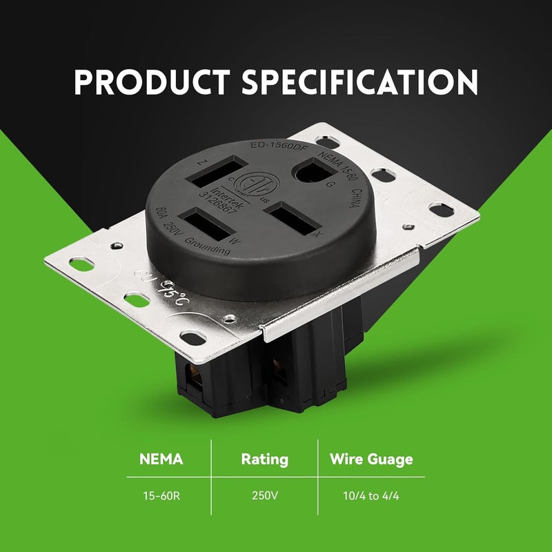 PLUGTUL NEMA 15-60R Flush Mounting Receptacle, 60Amp Receptacle Outlet, Straight Blade, Industrial Grade, 60 Amp, 250 Volt, ETL Listed - Image 2